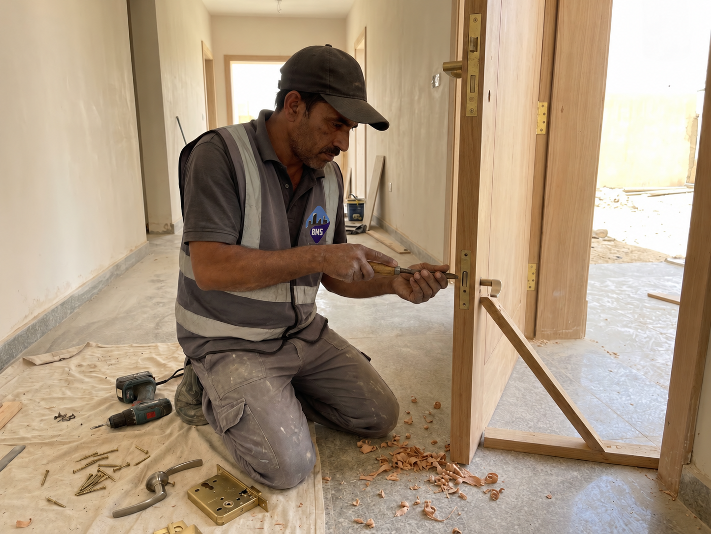 Carpenter chiselling a mortice lock recess into a hung timber door