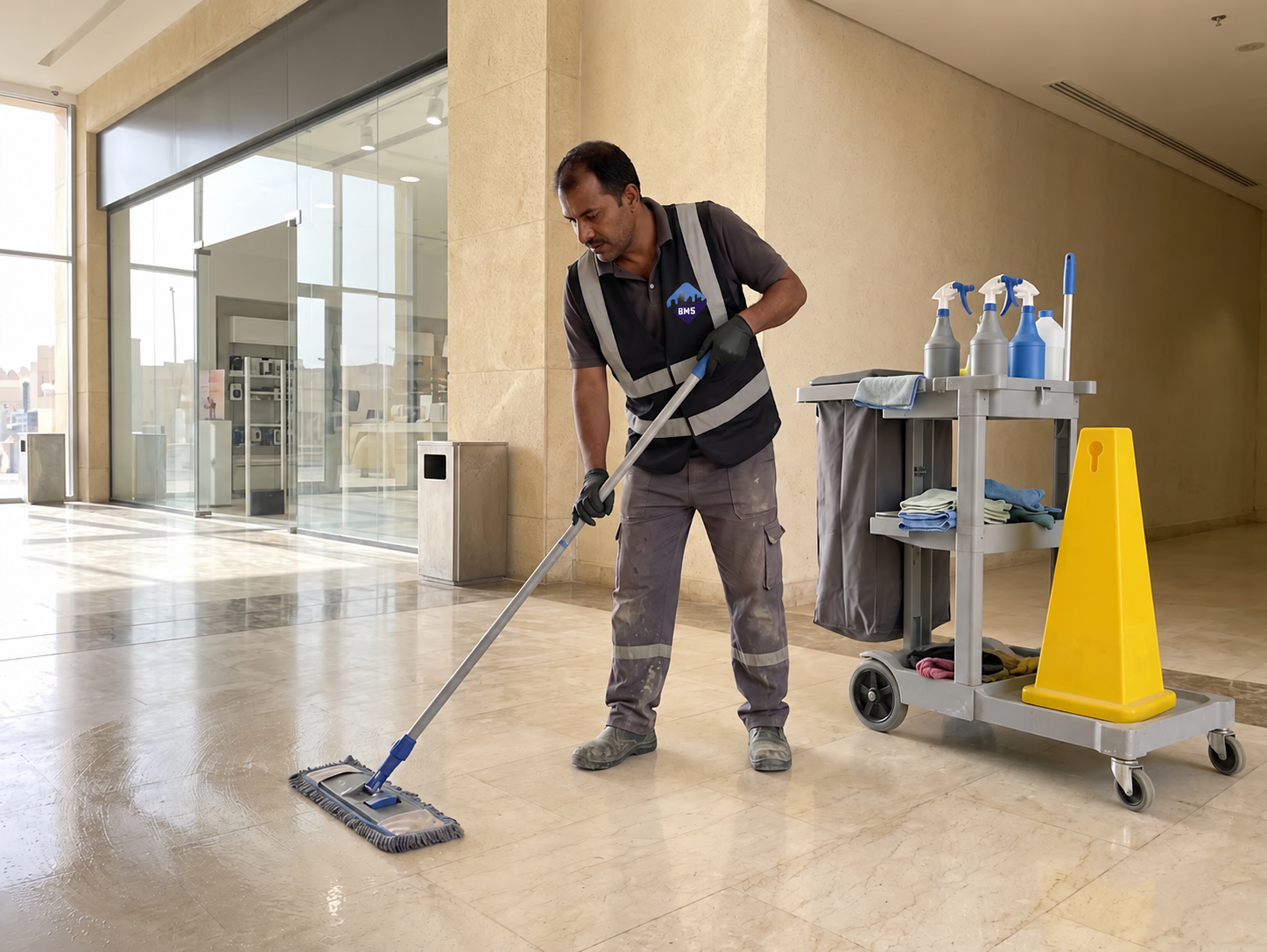 Cleaning operative mopping a commercial lobby floor on a daily round