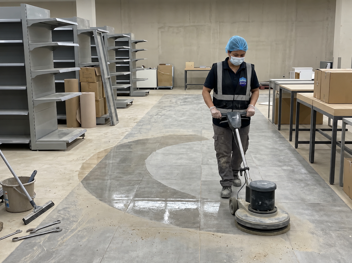 Rotary floor scrubber in use during an out-of-hours deep clean