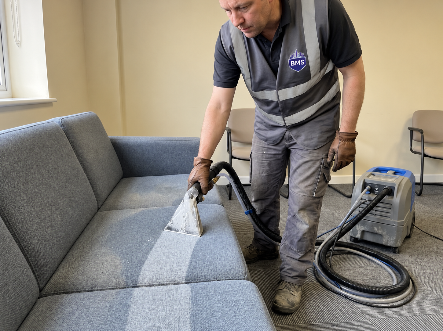 Hot-water extraction cleaning of a fabric office sofa