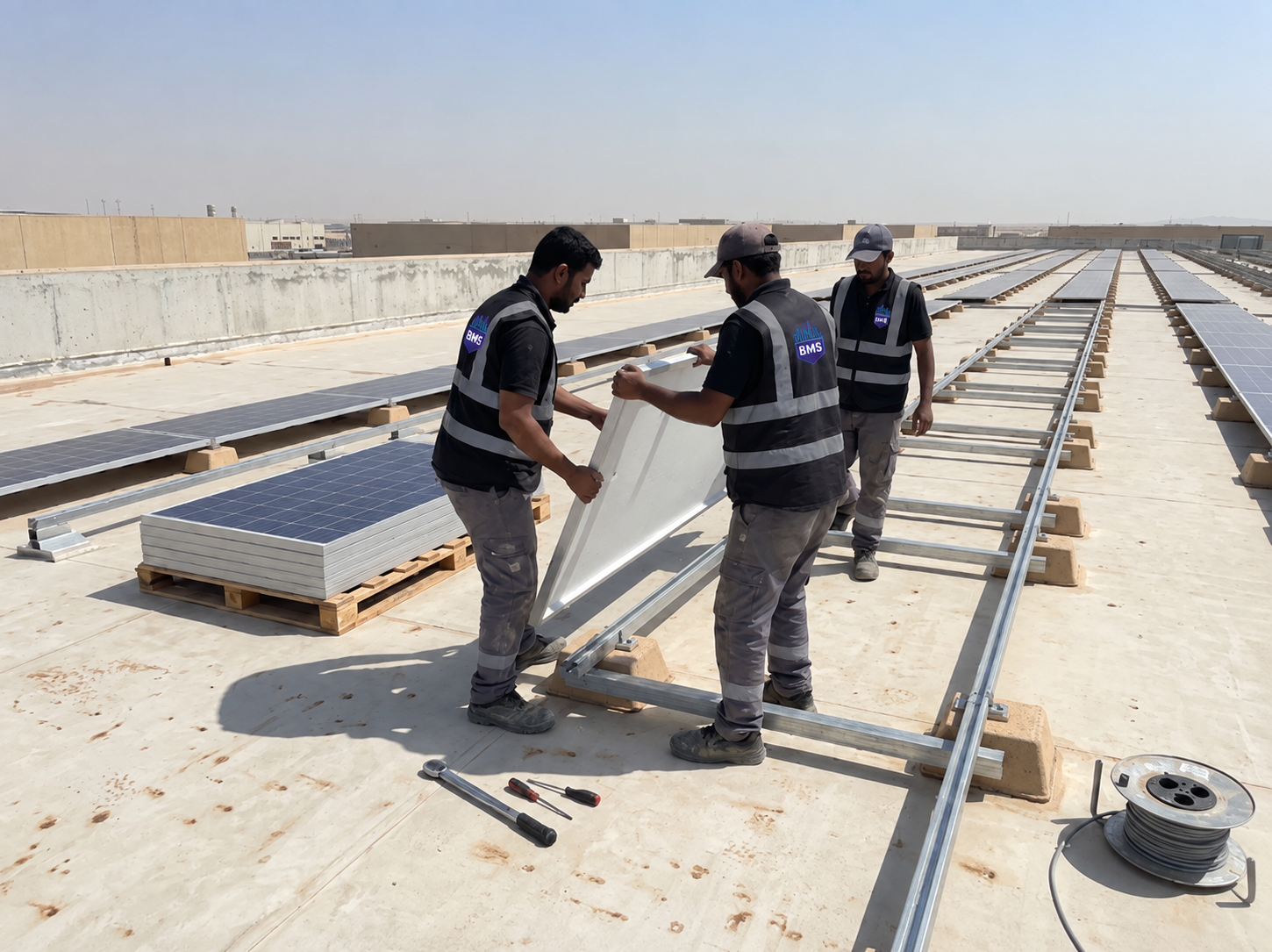 Crew lifting a commercial solar panel onto a ballasted roof frame