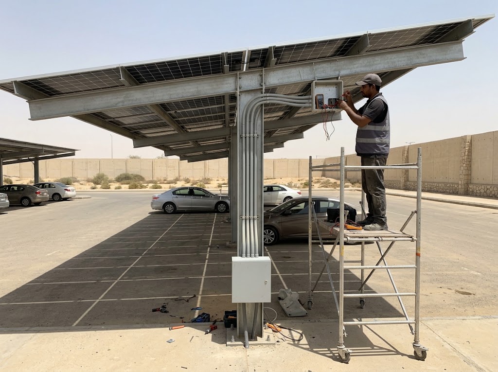 Solar carport canopy with a technician working at the junction boxes