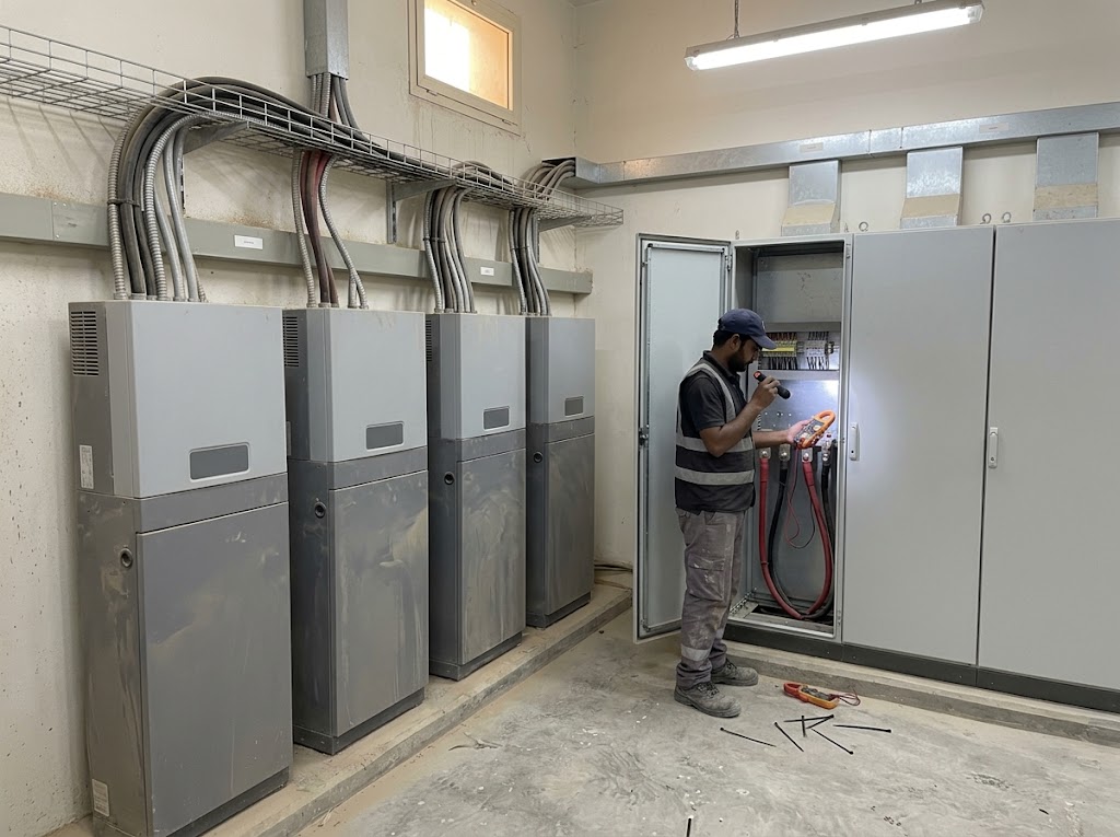 Technician checking terminations in a solar inverter and switchgear room