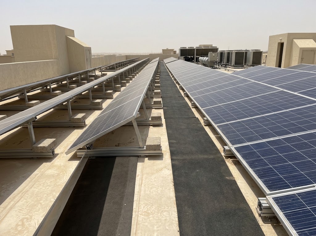 Rows of commercial rooftop photovoltaic panels on ballasted frames