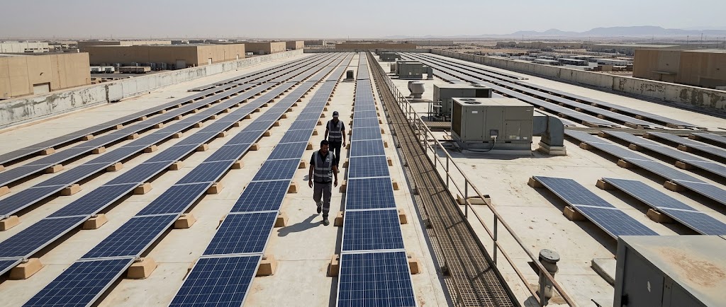 Rows of photovoltaic panels across a commercial warehouse roof