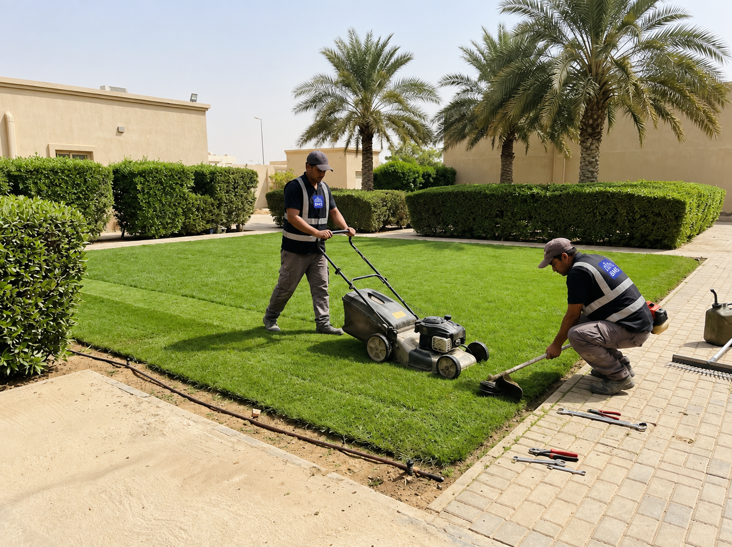 Grounds maintenance crew mowing and edging a landscaped commercial lawn
