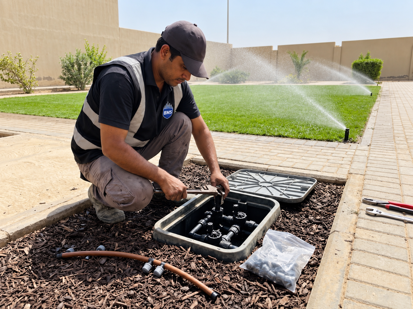 Technician servicing an irrigation valve manifold in a planting bed