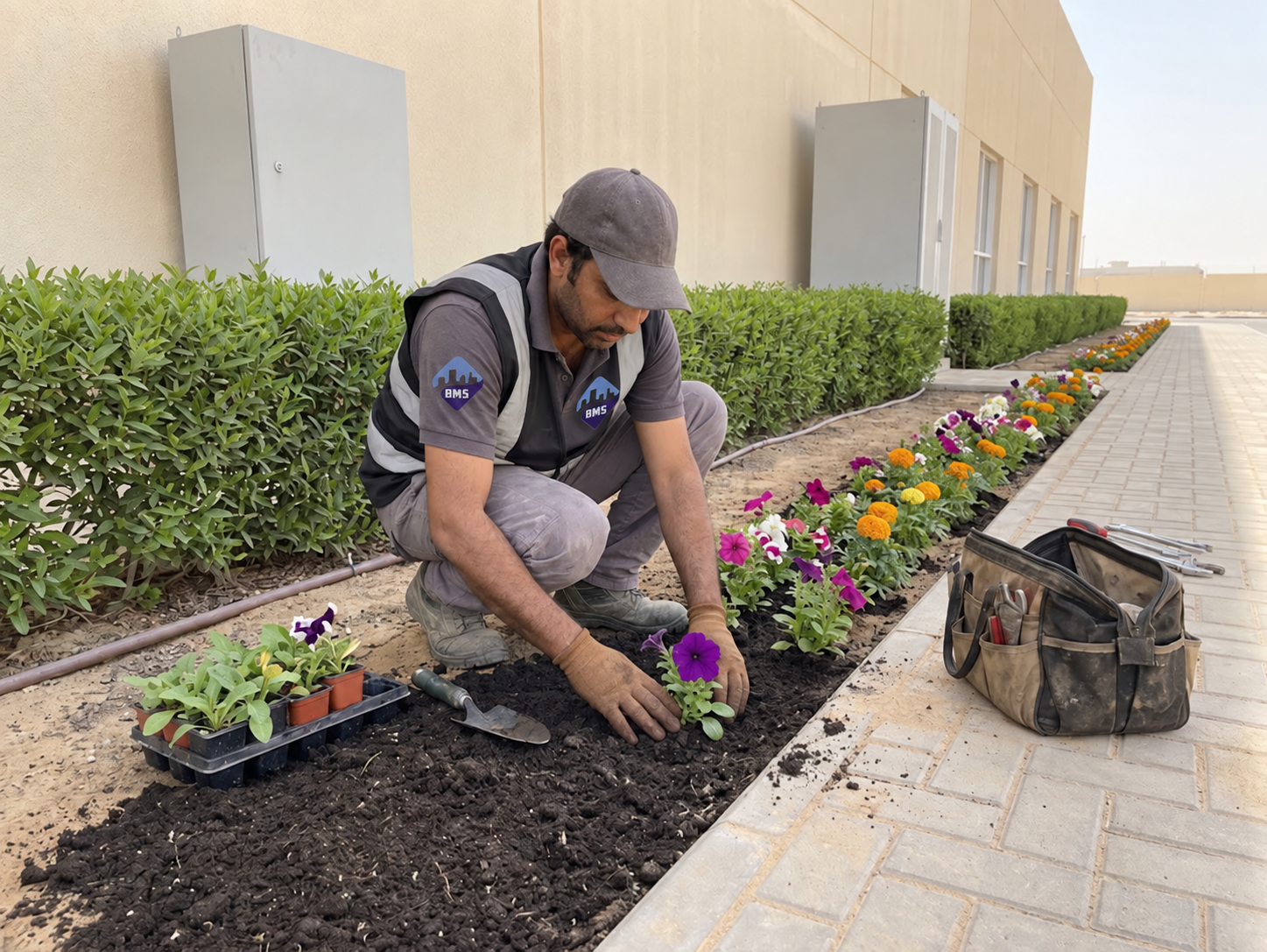 Gardener firming bedding plants into a freshly planted border