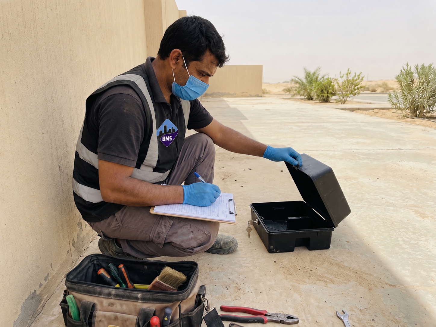 Technician inspecting an external rodent bait station and logging the result