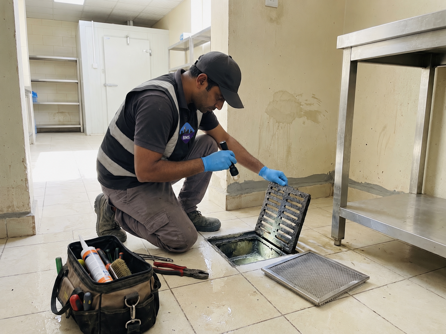 Inspecting a floor drain gully and fitting a mesh drain guard