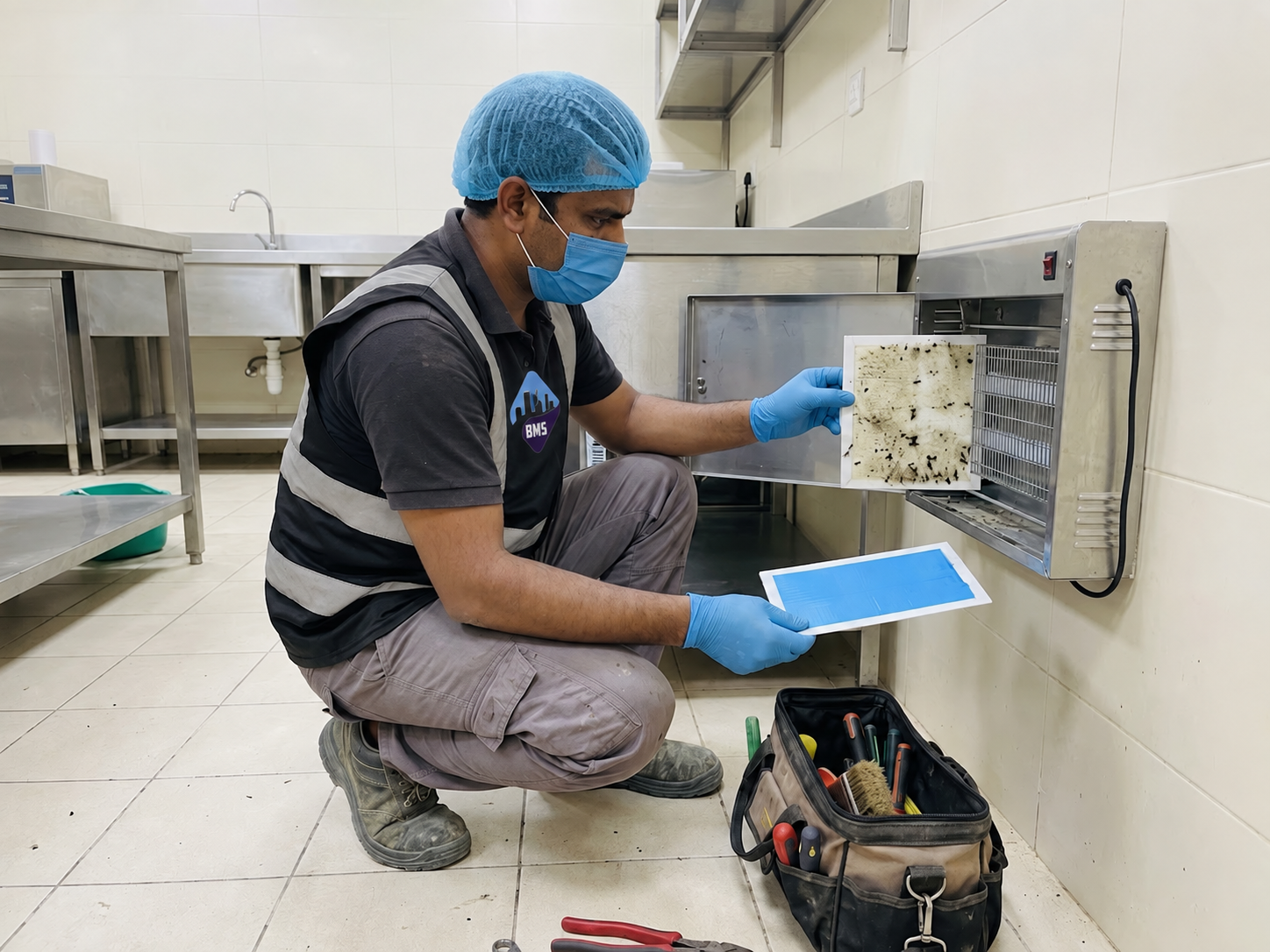 Replacing the glue board in an insect light trap in a food preparation area
