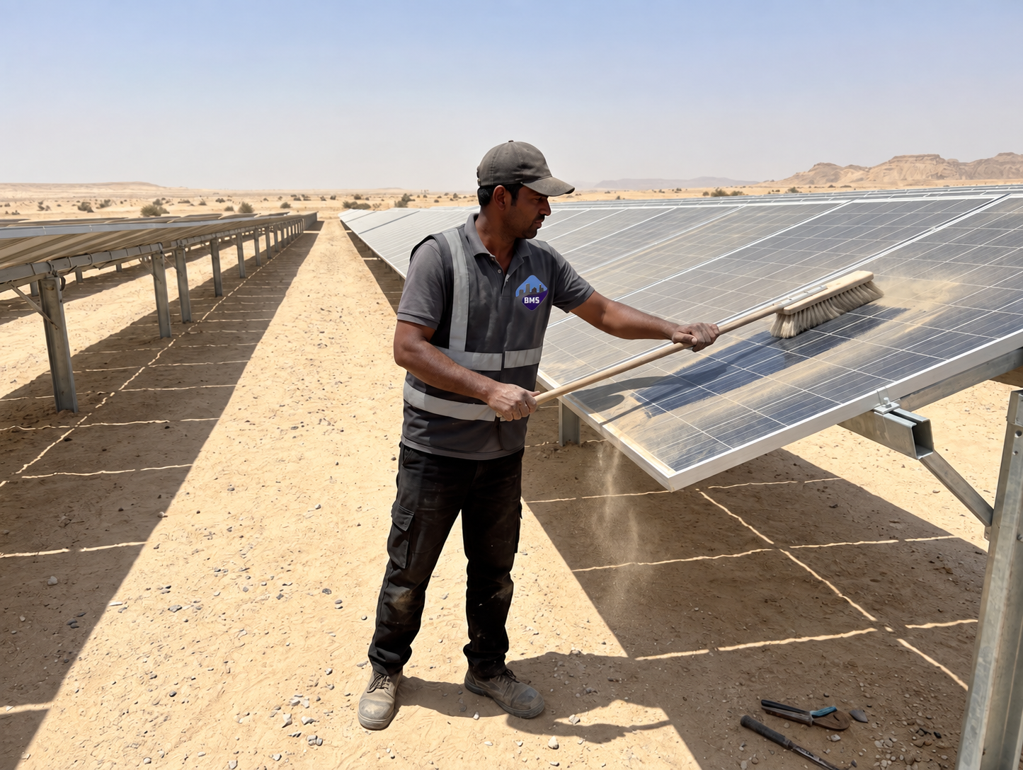 Technician brushing desert dust from an off-grid solar panel