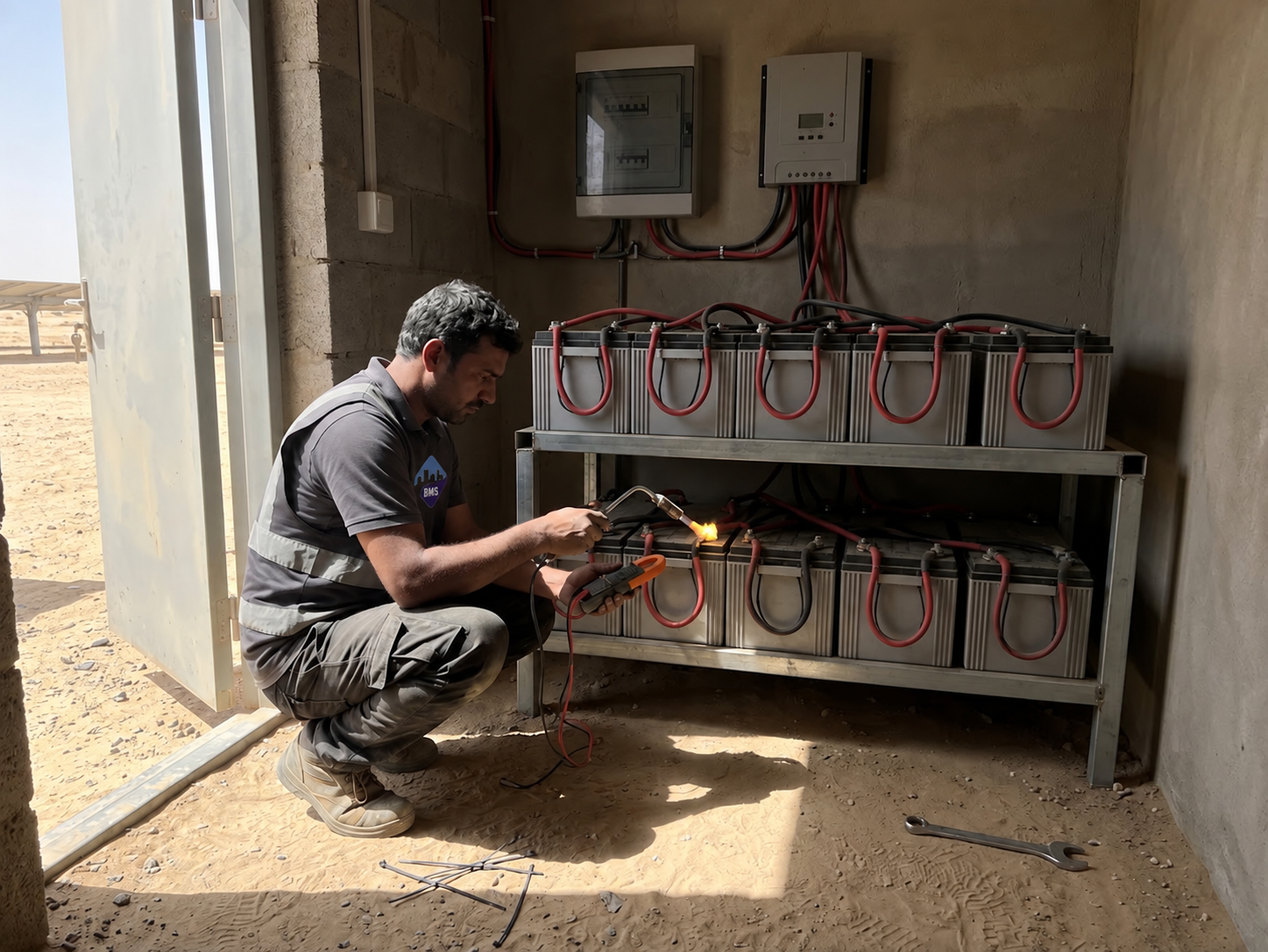 Battery bank and charge controller inside a remote equipment cabin