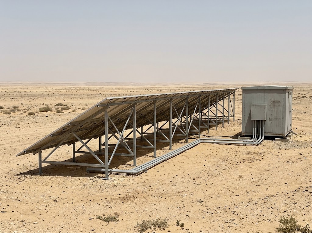 Off-grid solar array and equipment cabin in open desert