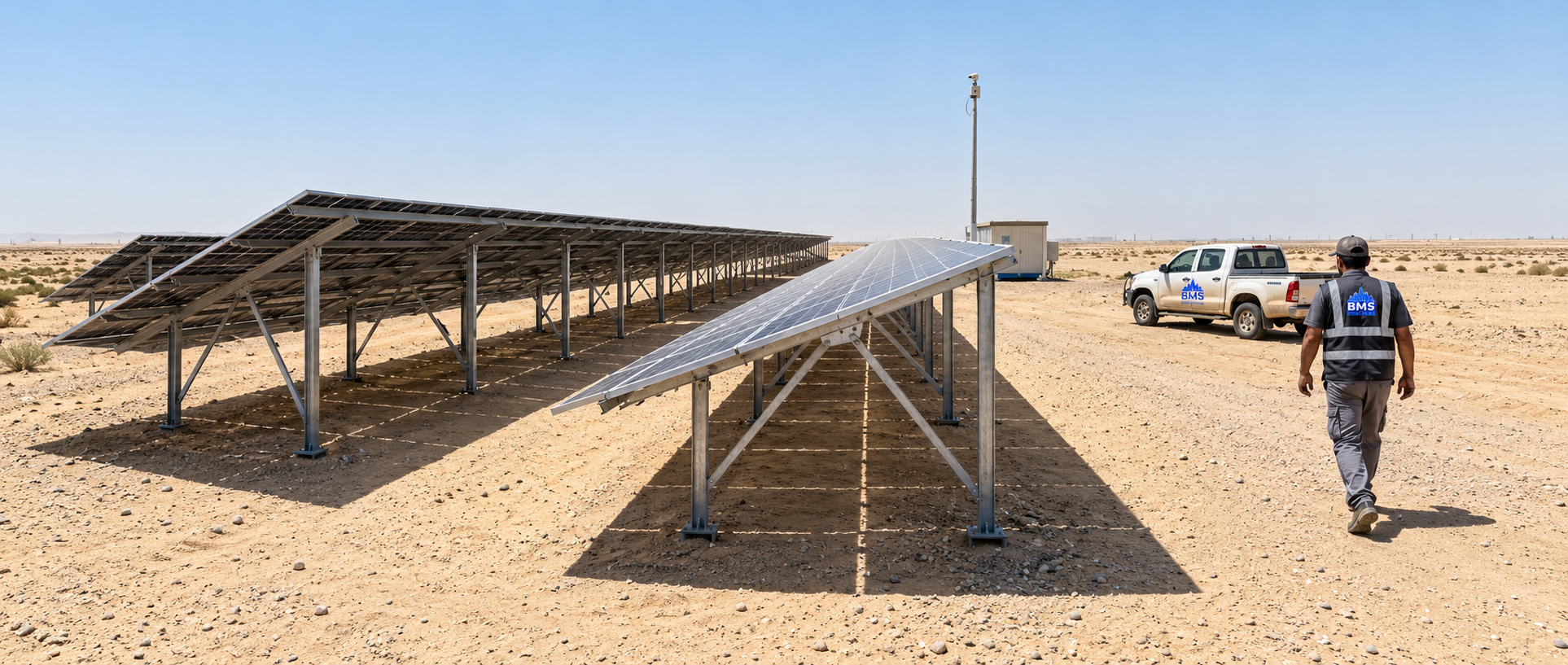 Off-grid ground-mounted solar array at a remote desert site