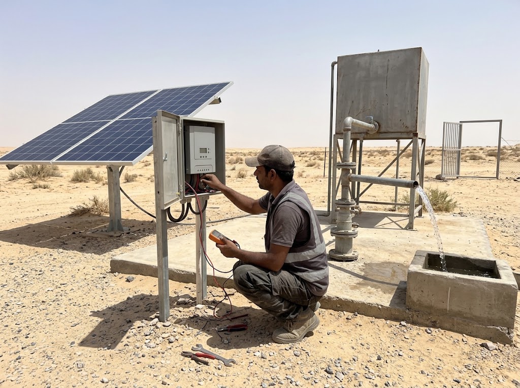 Solar-powered water pumping set at a remote desert wellhead