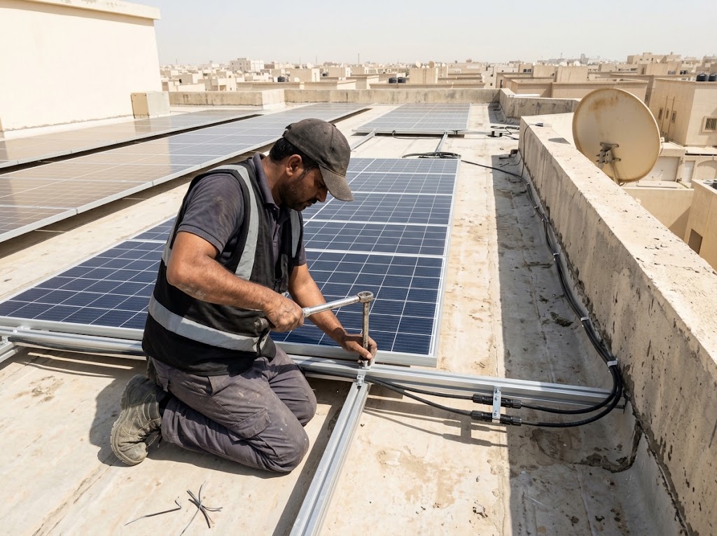Technician clamping a solar panel to its mounting rail on a villa roof