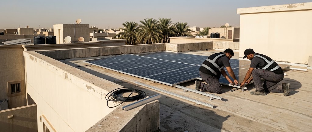 Technicians installing a rooftop solar array on a residential villa