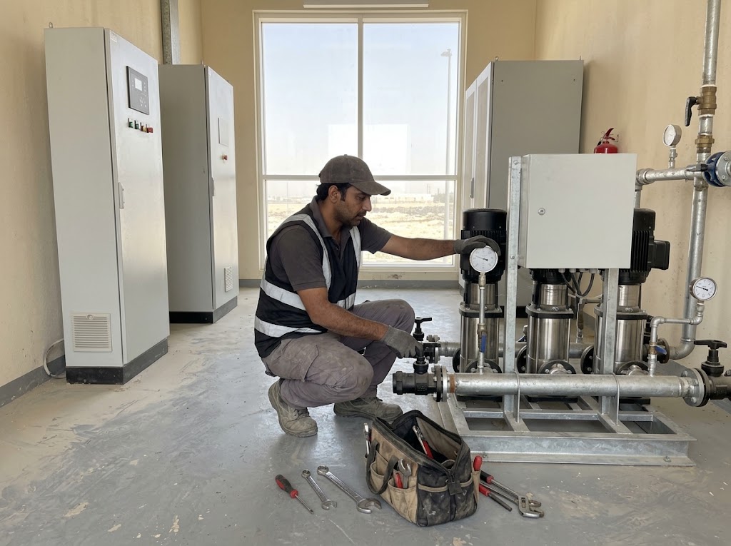 Technician servicing a packaged water booster pump set in a plant room