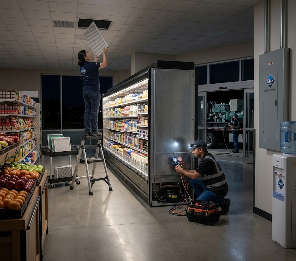 Long run of stocked glass-door freezer cabinets in a supermarket aisle