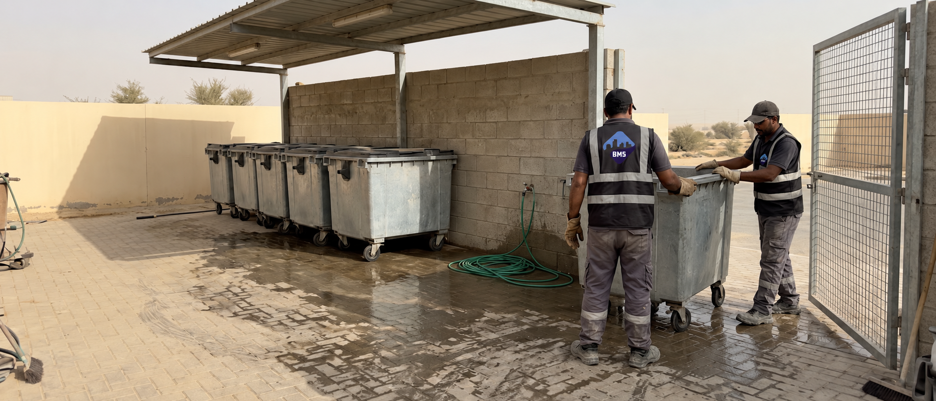 Operatives moving waste containers in a clean bin store compound