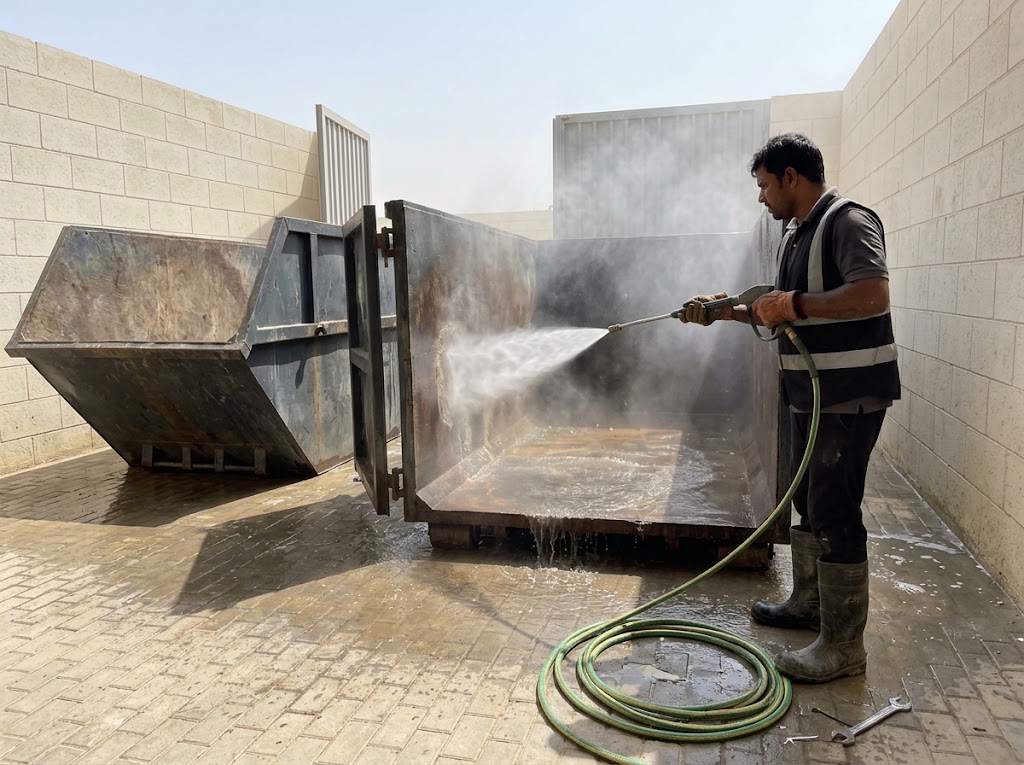Pressure-washing the interior of a steel waste container