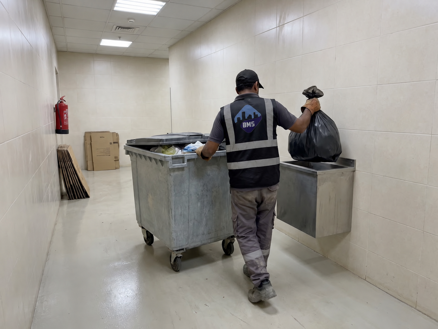Operative on an internal waste collection round with a covered trolley