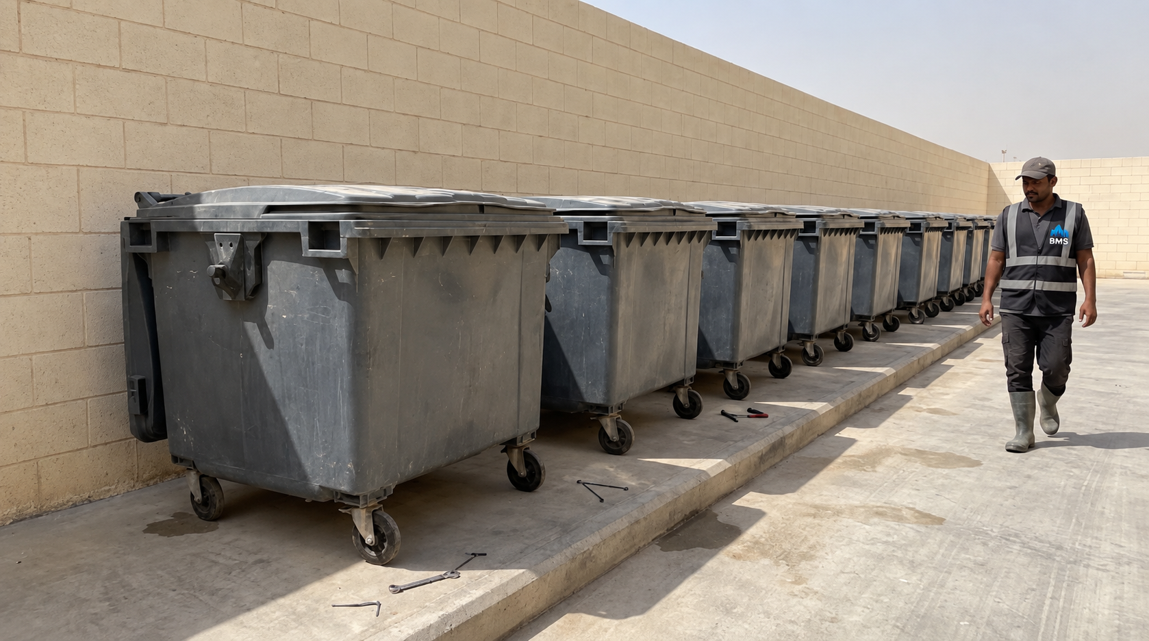 Row of steel waste containers in a clean service compound