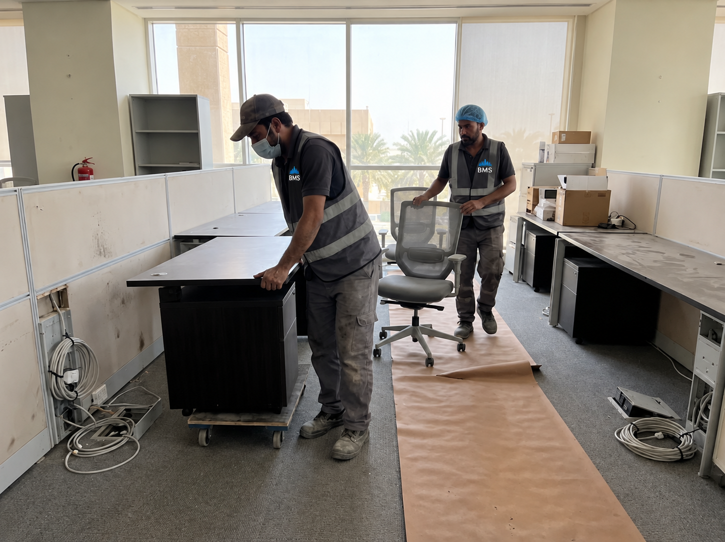 Team repositioning desks and chairs during an office reconfiguration