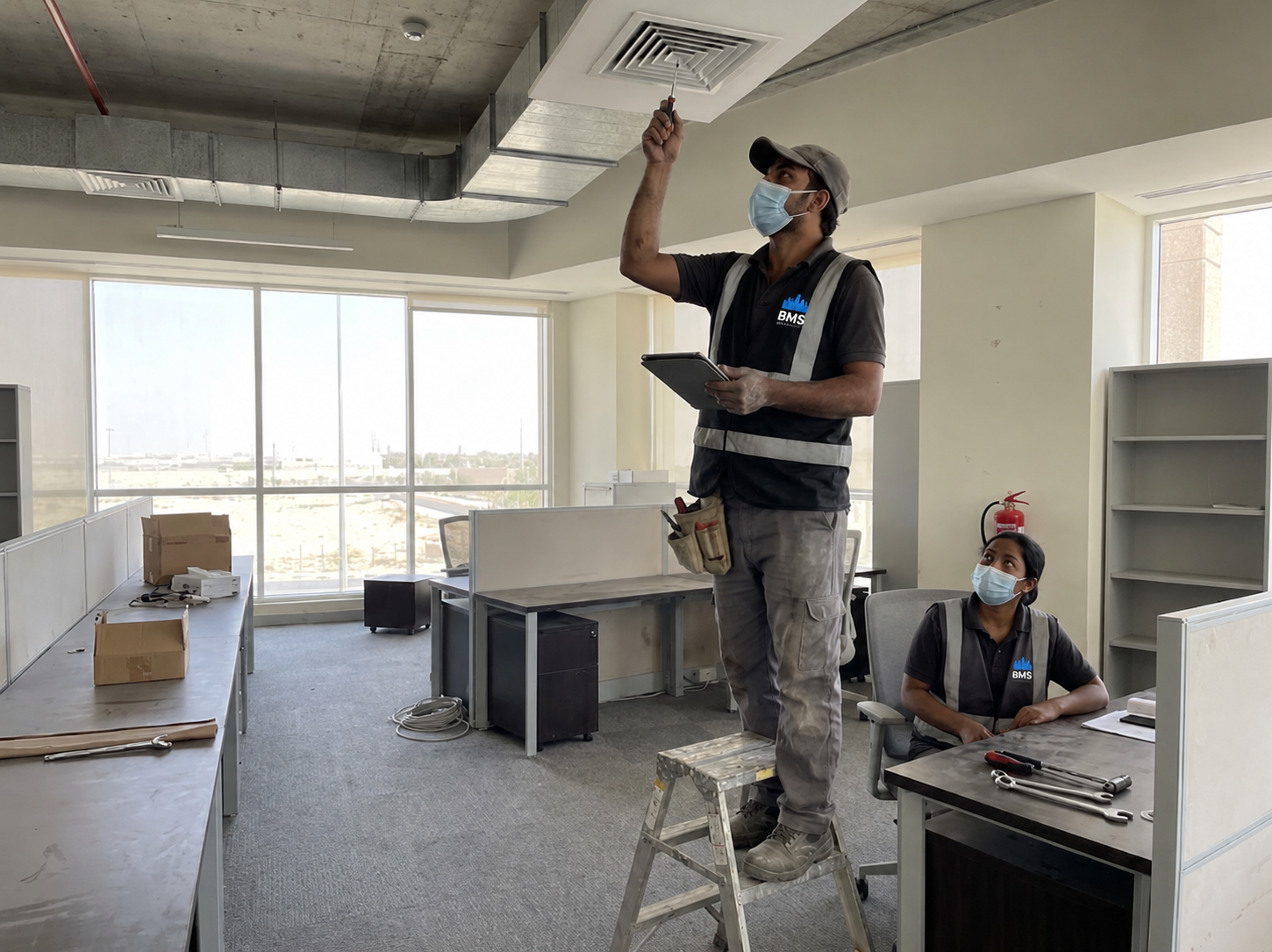 Technician responding to a workplace helpdesk callout in an office