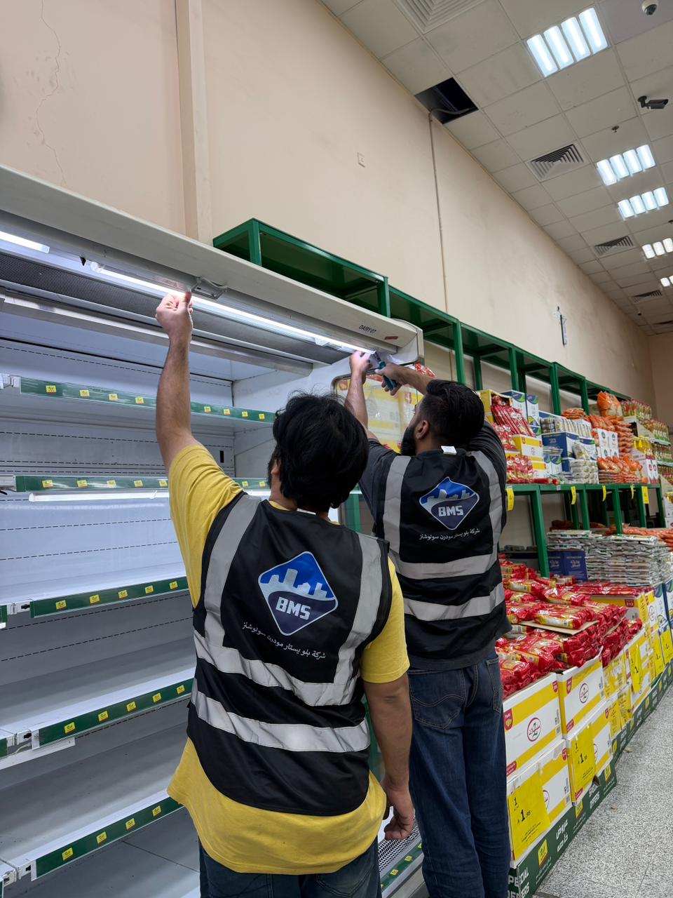Two BMS technicians fitting an LED tube into the canopy of a dairy multideck chiller