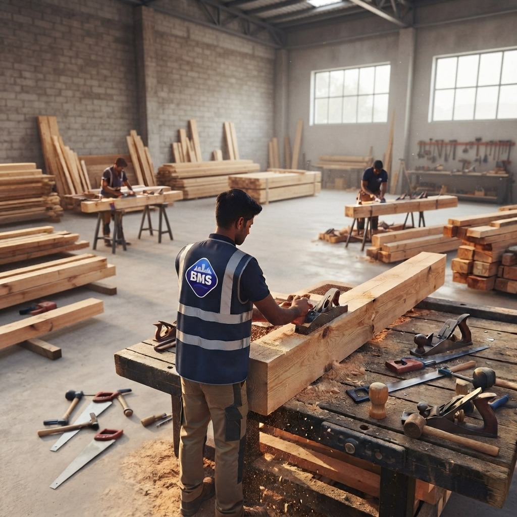 BMS carpenter planing a timber beam at a workshop bench