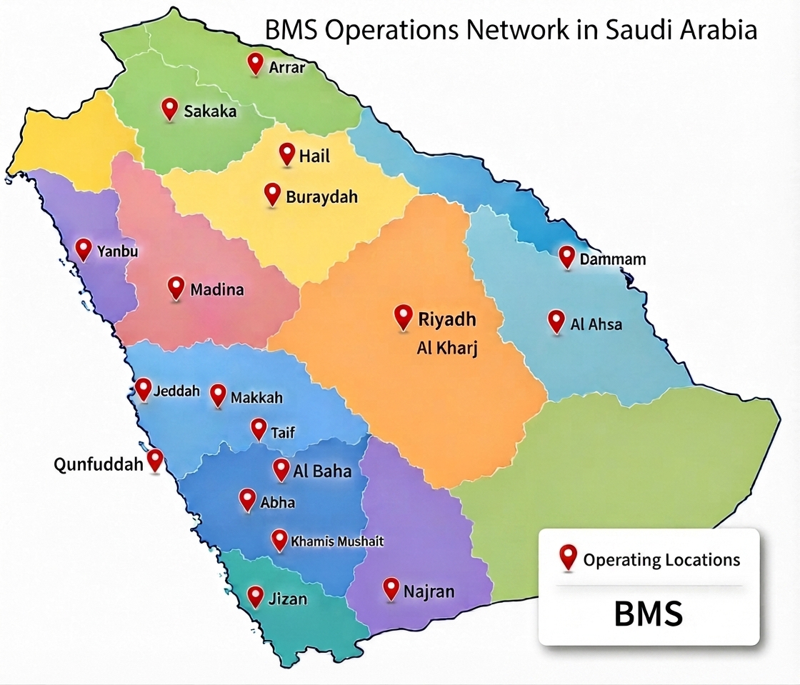 Map of Saudi Arabia showing the Blue Star Modern Solutions operations network, with operating
        locations marked at Arar, Sakaka, Hail, Buraydah, Dammam, Al Ahsa, Riyadh, Al Kharj, Yanbu, Madina,
        Jeddah, Makkah, Taif, Al Baha, Qunfuddah, Abha, Khamis Mushait, Jizan and Najran.