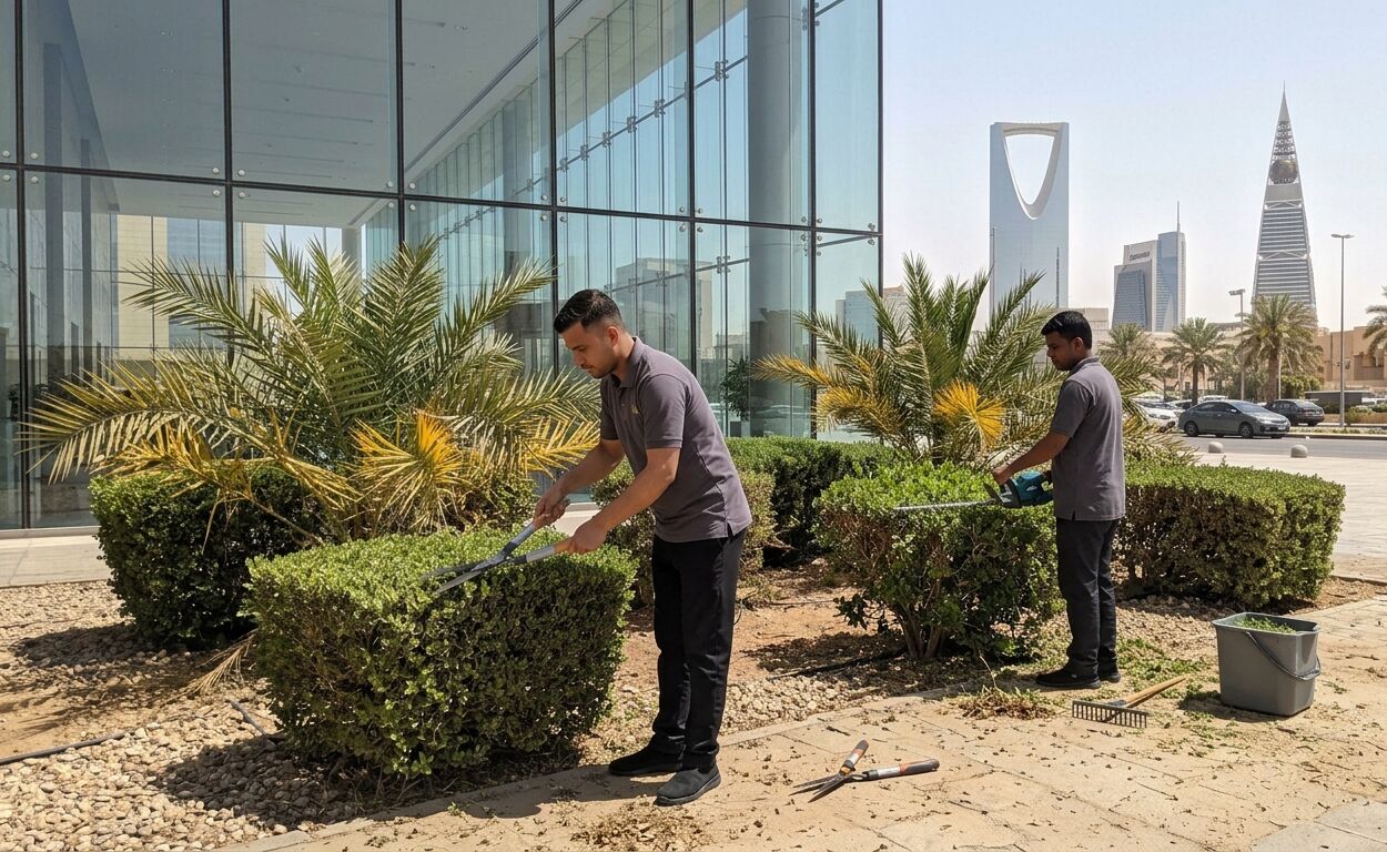 Grounds and landscaping maintenance outside a commercial building in Riyadh